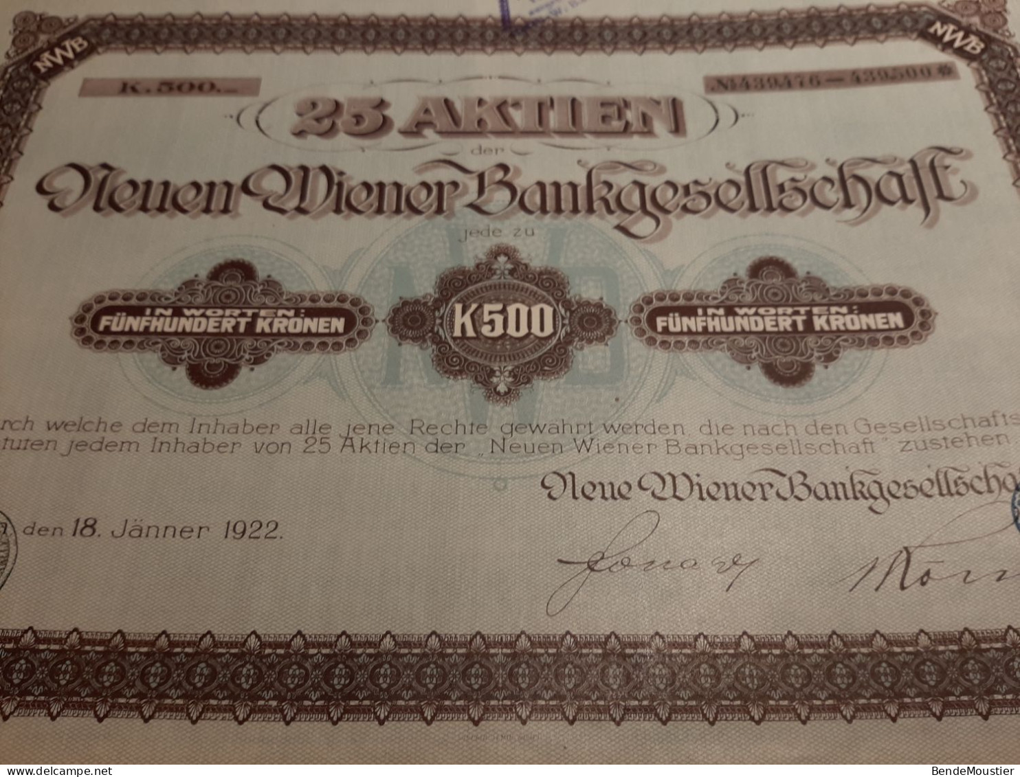 25 Aktie Der Neue Wiener Bankgesellschaft - Autriche - Vienne - Wien Den 18 Jânner 1922 - Bank & Versicherung