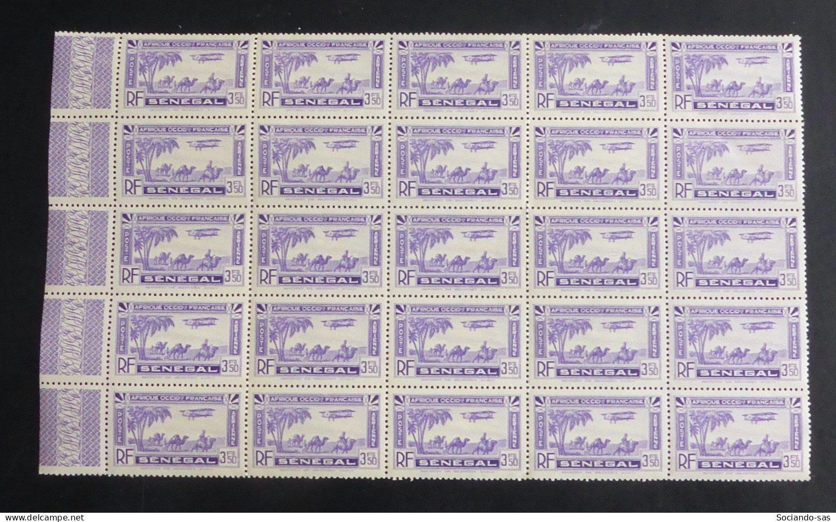 SENEGAL - 1935 - Poste Aérienne PA N°YT. 7 - Avion 3f50 Violet - Bloc De 25 Bord De Feuille - Neuf Luxe ** / MNH - Airmail