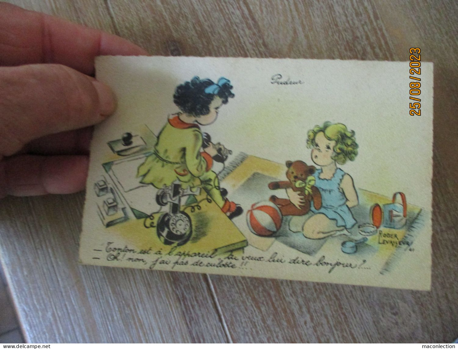 Ancienne Carte Illustée Par Roger Levasseur Fillet Et Son Ours En Peluche Et Vieux Téléphone - Levasseur, Roger