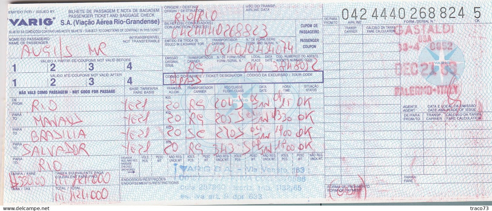 Viação Aérea Rio-Grandense - VARIG  /  BIGLIETTO  _ PASSENGER TICKET  _ 1988 - Welt