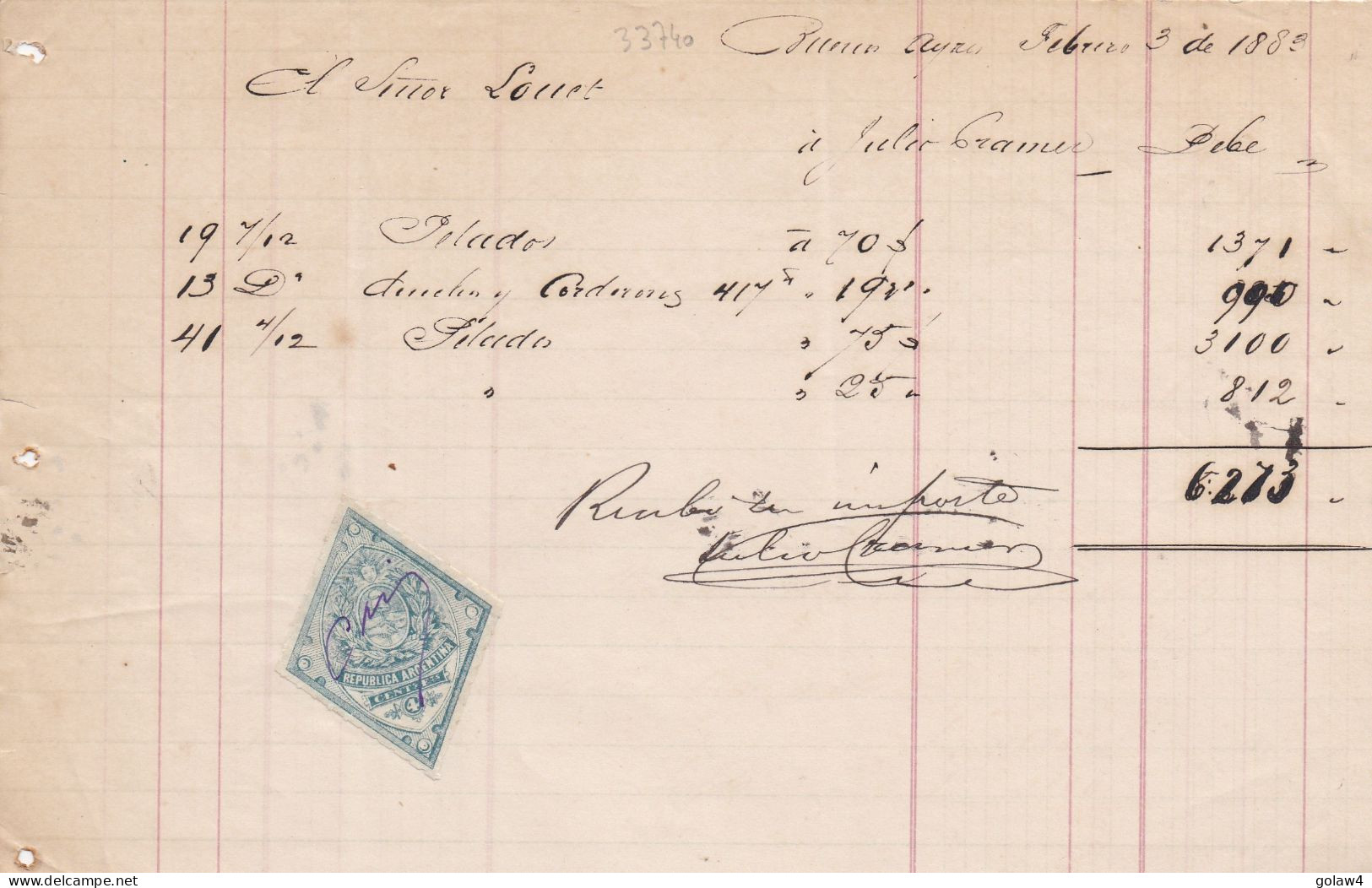 33740# ARGENTINE TIMBRE FISCAL LOSANGE ARGENTINA DOCUMENT BUENOS AIRES 1883 - Lettres & Documents