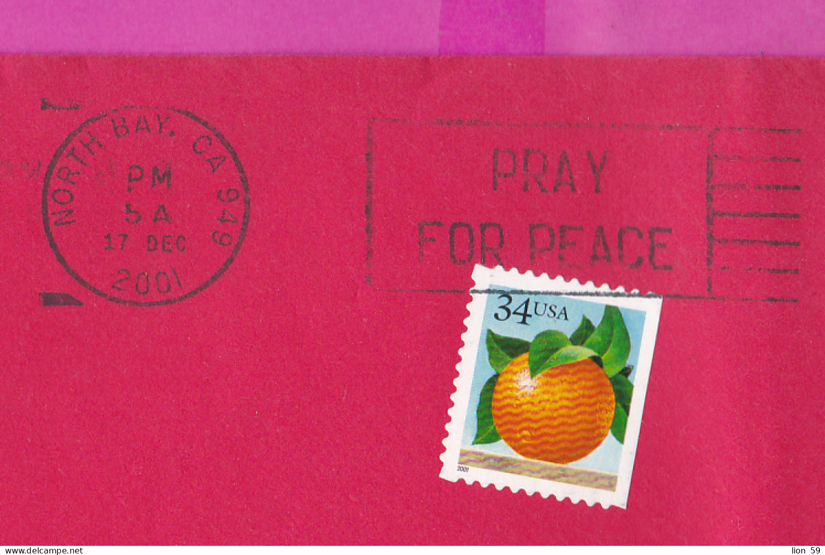 274933 / United States Cover North Bay CA Flamme Pray For Peace 2001 - 34 C  Fruits - Self-Adhesive , Christmas Sofia BG - Briefe U. Dokumente
