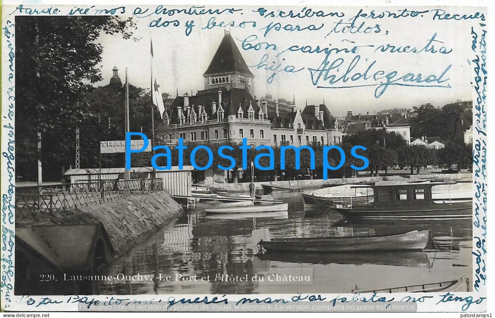 212363 SWITZERLAND LAUSANNE OUCHY THE PORT & HOTEL OF CASTLE CIRCULATED TO GERMANY POSTAL POSTCARD - Port