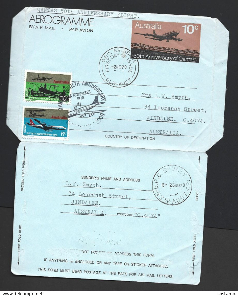 Australia 1970 Qantas Anniversary Aerogramme FDI Brisbane Cancel Uprated With Qantas Set , Special Flight Cancel - Aérogrammes