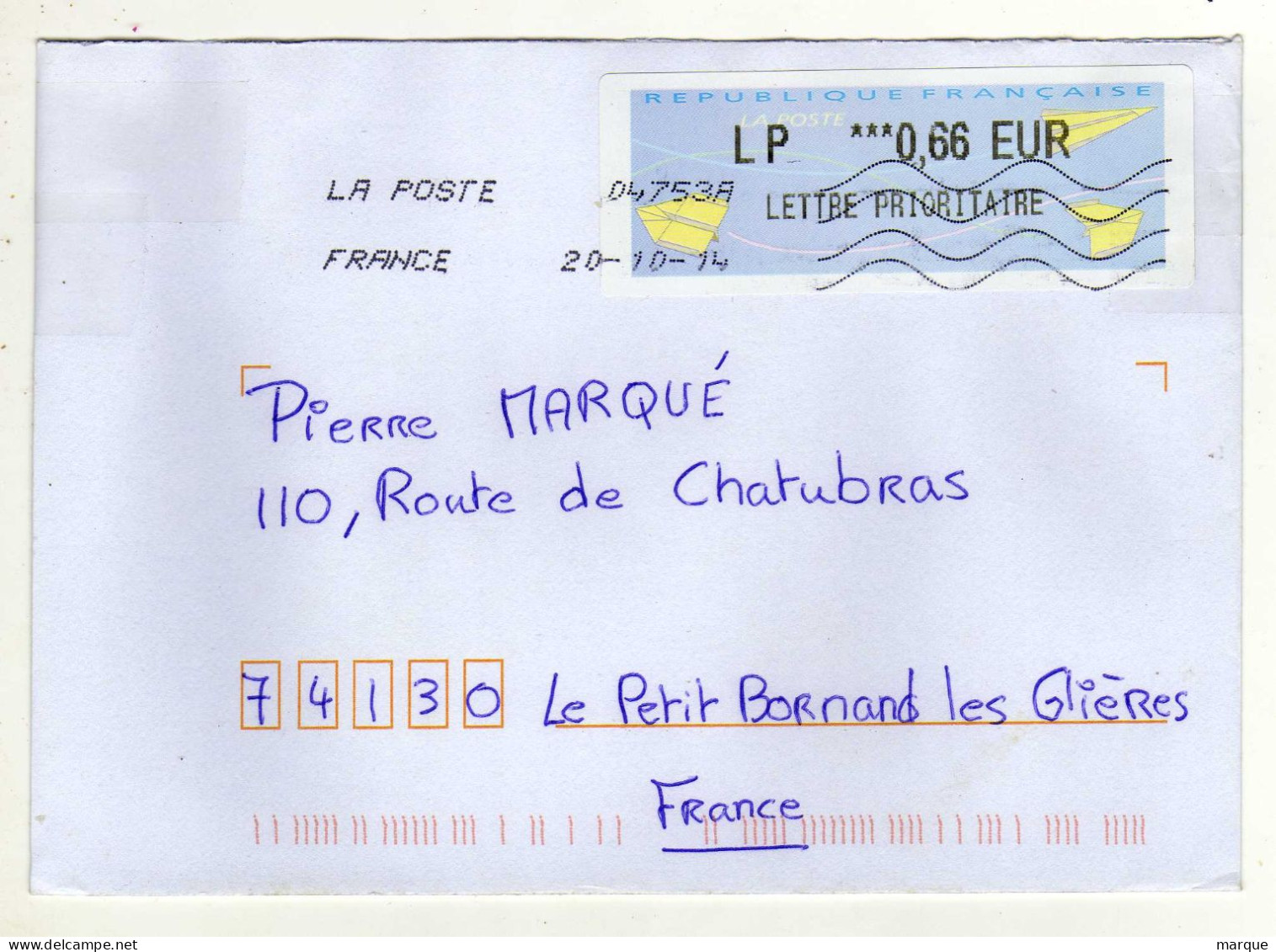 Enveloppe FRANCE Avec Vignette Affranchissement Lettre Prioritaire Oblitération LA POSTE 20/10/2014 - 2000 « Avions En Papier »