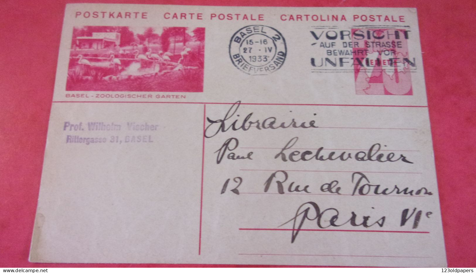 Envoi Autographe PROF WILHEIM VISCHER SUISSE PASTEUR THEOLOGIEN BASEL 1933 SUR ENTIER POSTAL BALE - Bâle