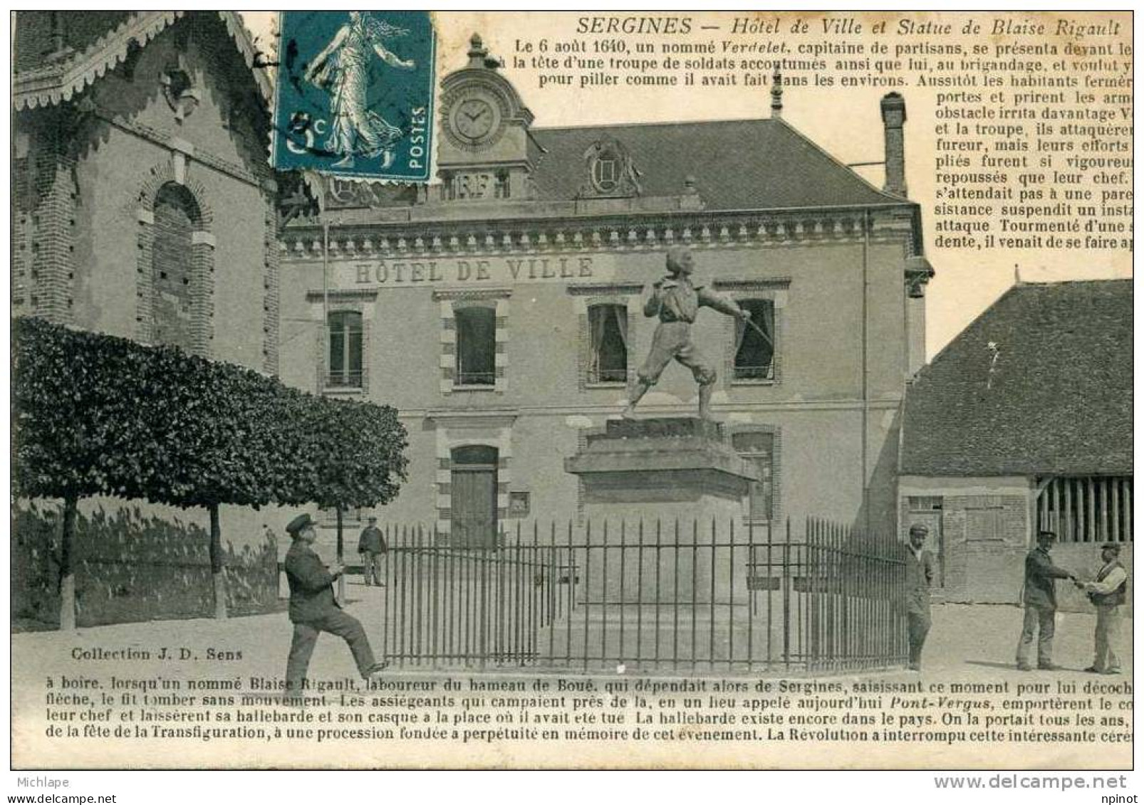 89  SERGINES HOTEL DE VILLE ET STATUE DE BLAISE RIGAULT ANIMATION   TB ETAT - Sergines