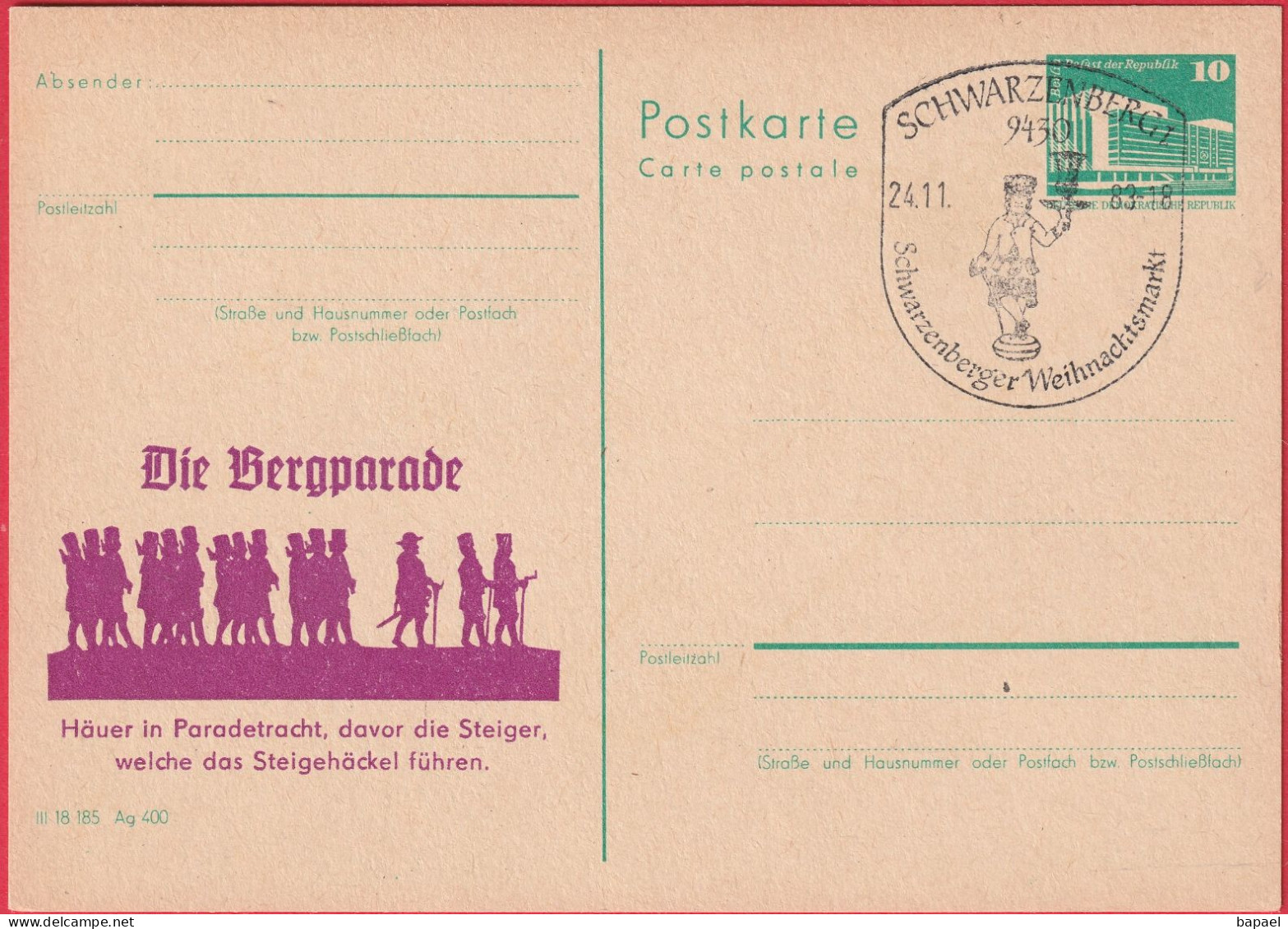 CP - Entier Postal - Schwarzenberg (Allemagne - DDR) (1983) - Le Défilé En Montagne - Hommes En Costume De Parade - Postkarten - Gebraucht