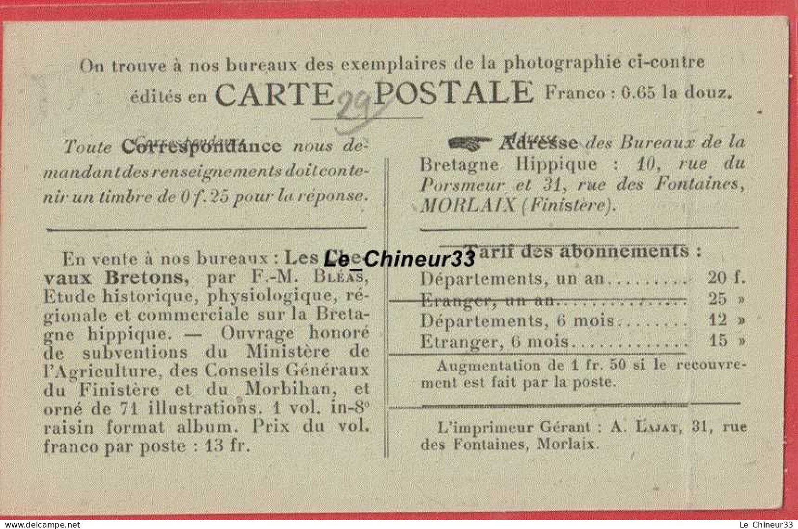 29 - LANDIVISIAU--URCEL Postier Breton ( Né En 1920 ) Alezan-Vendu En 1923 Aux Haras Italiens Par M J.F Rohou 9Mai 1925 - Landivisiau