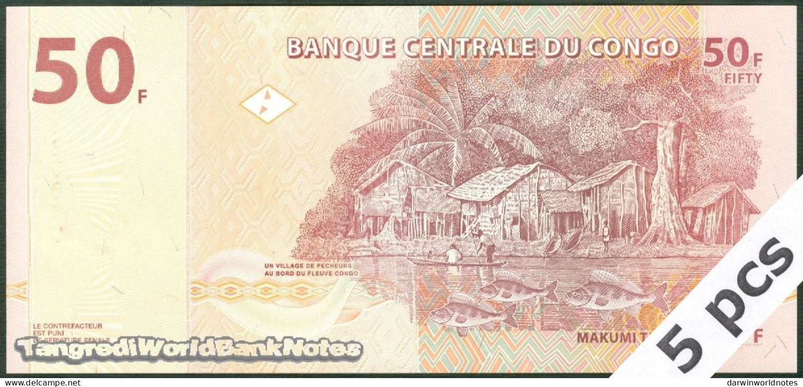 DWN - CONGO DEMOCRATIC REPUBLIC P.97a - 50 Francs 2007 UNC - Various Prefixes DEALERS LOT X 5 - Demokratische Republik Kongo & Zaire