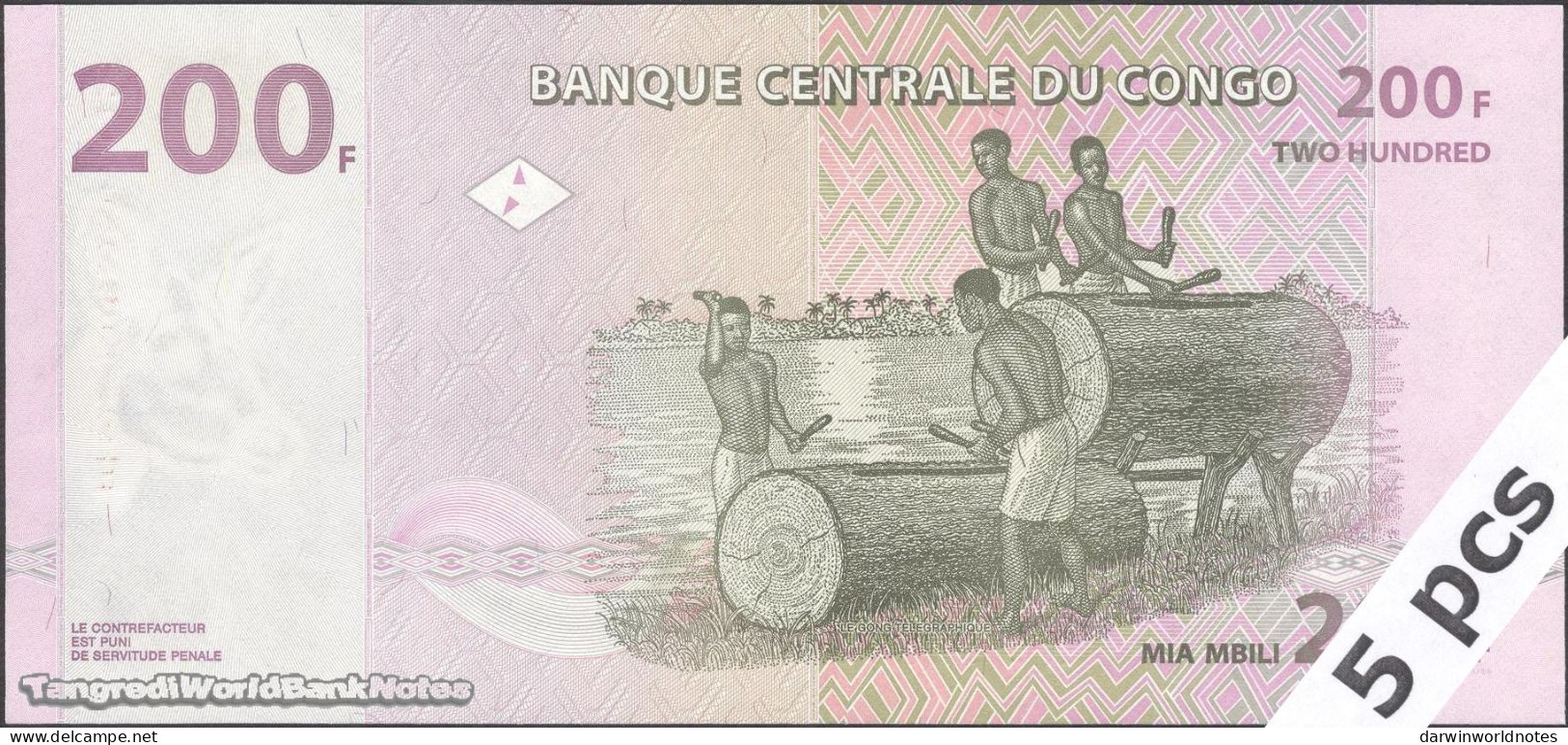 DWN - CONGO DEMOCRATIC REPUBLIC P.99A - 200 Francs 2007 UNC - Various Prefixes DEALERS LOT X 5 - Demokratische Republik Kongo & Zaire