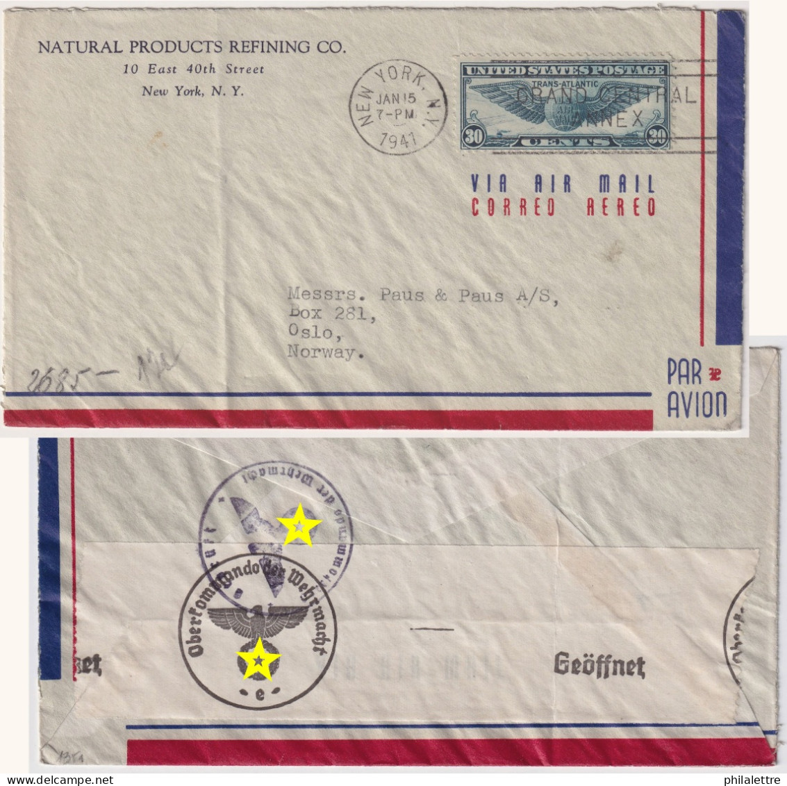 USA To NORWAY - 1941 - Sc.C24 30c Blue On German Censored Air Mail Cover From New York City To Oslo - Covers & Documents