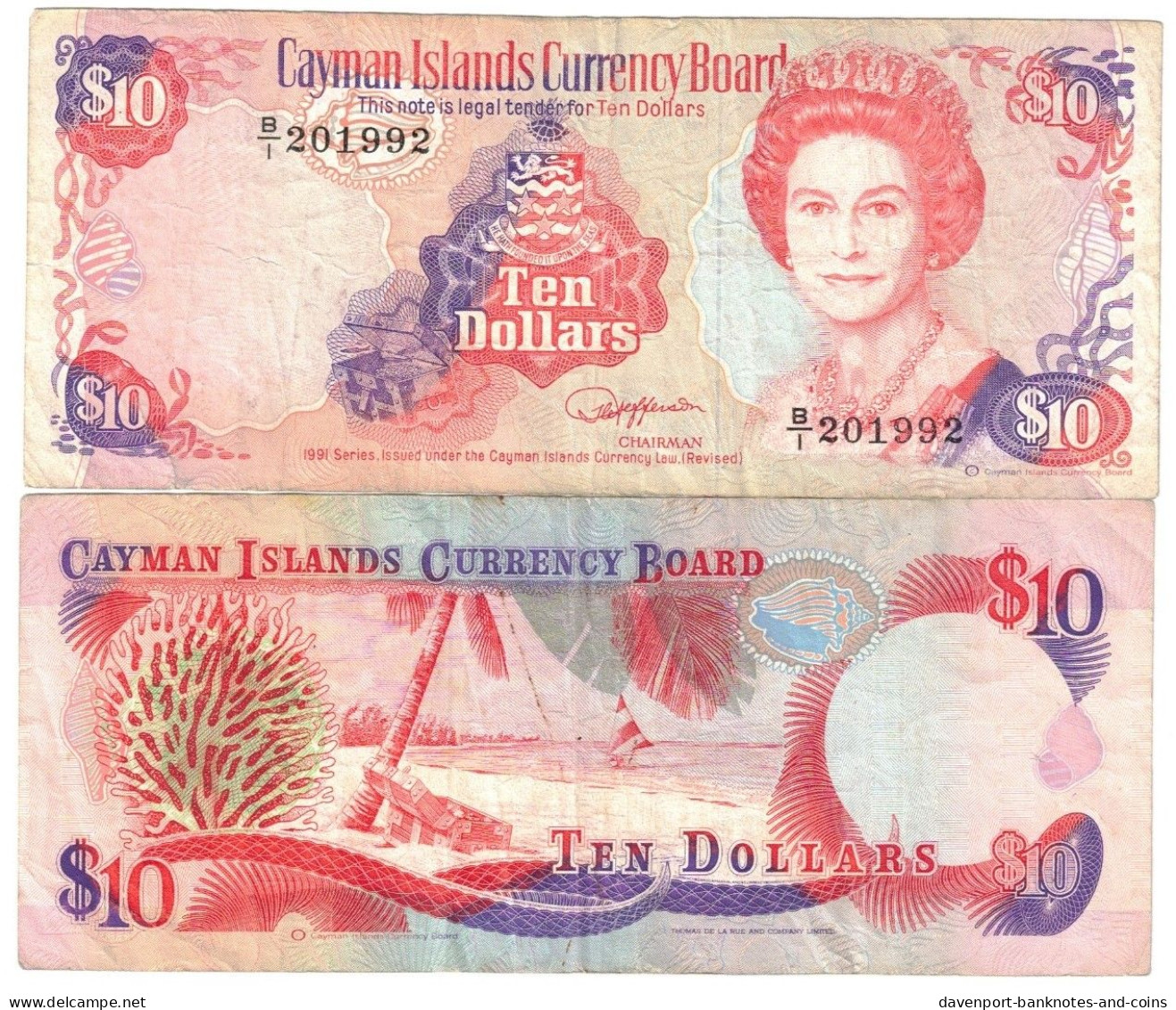 Cayman Islands 10 Dollars 1991 VF - Iles Cayman