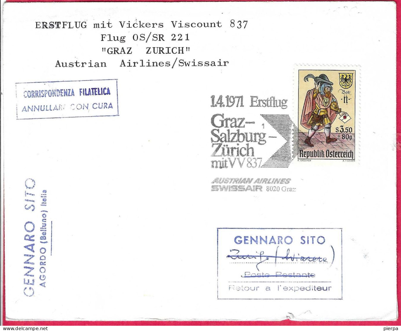AUSTRIA - ERSTFLUG AUA SWISSAIR WITH VICJERS VISCOUNT 837- FROM GRAZ TO ZURICH*1.4.1971* ON LARGE COVER - Eerste Vluchten