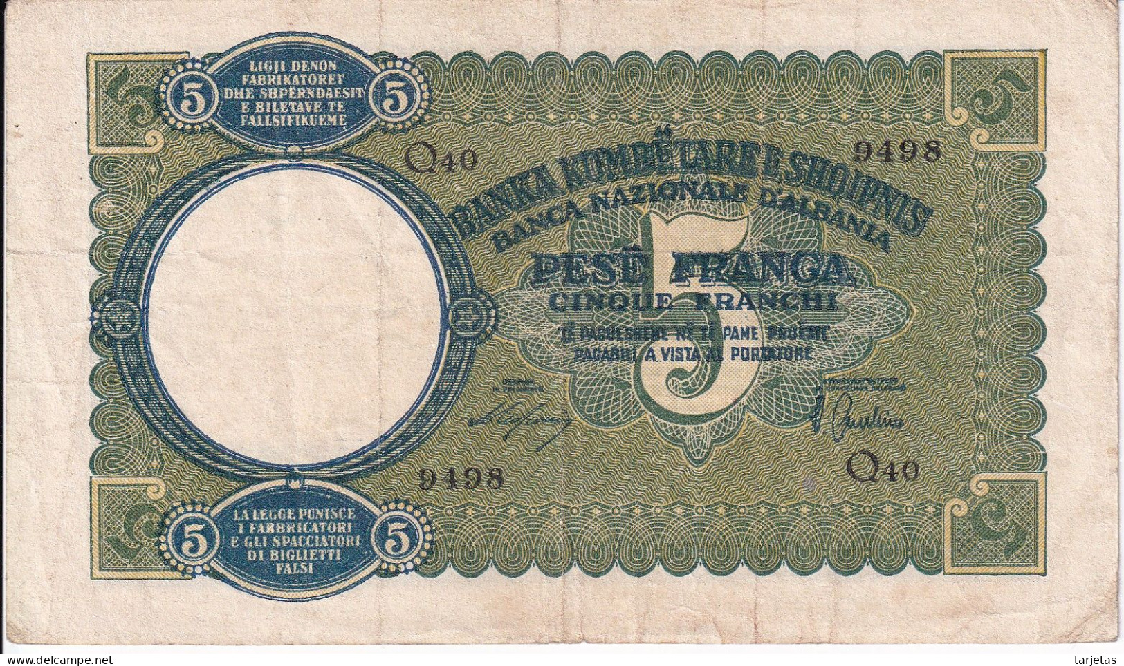 BILLETE DE ALBANIA DE 5 FRANGA DEL AÑO 1939  (BANKNOTE) - Albanie