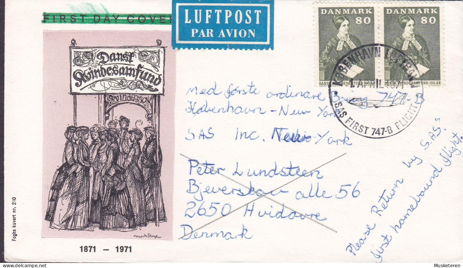 Denmark LUFTPOST PAR AVION Label SAS FIRST 747-B FLIGHT, KØBENHAVN LUFTHAVN 1971 Danish Women Society Stamps - Poste Aérienne