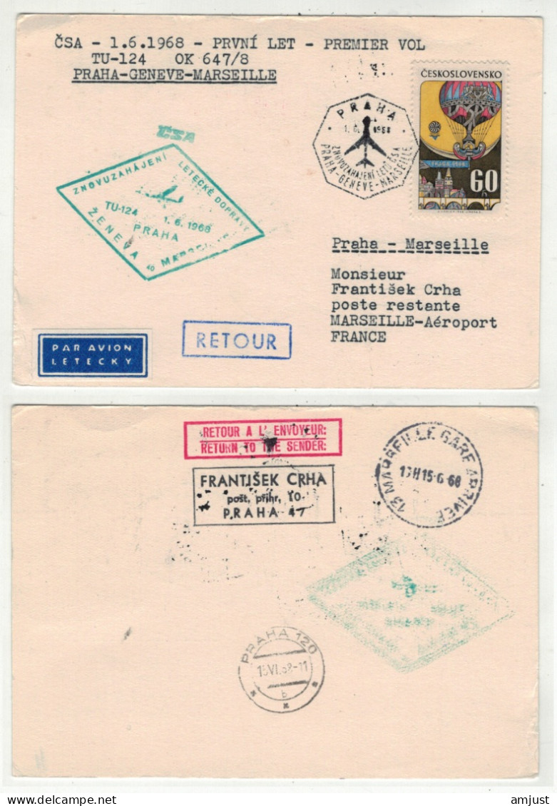 Tchécoslovaquie // Poste Aérienne // 1968 // 1er Vol Praha-Genève-Marseille - Poste Aérienne