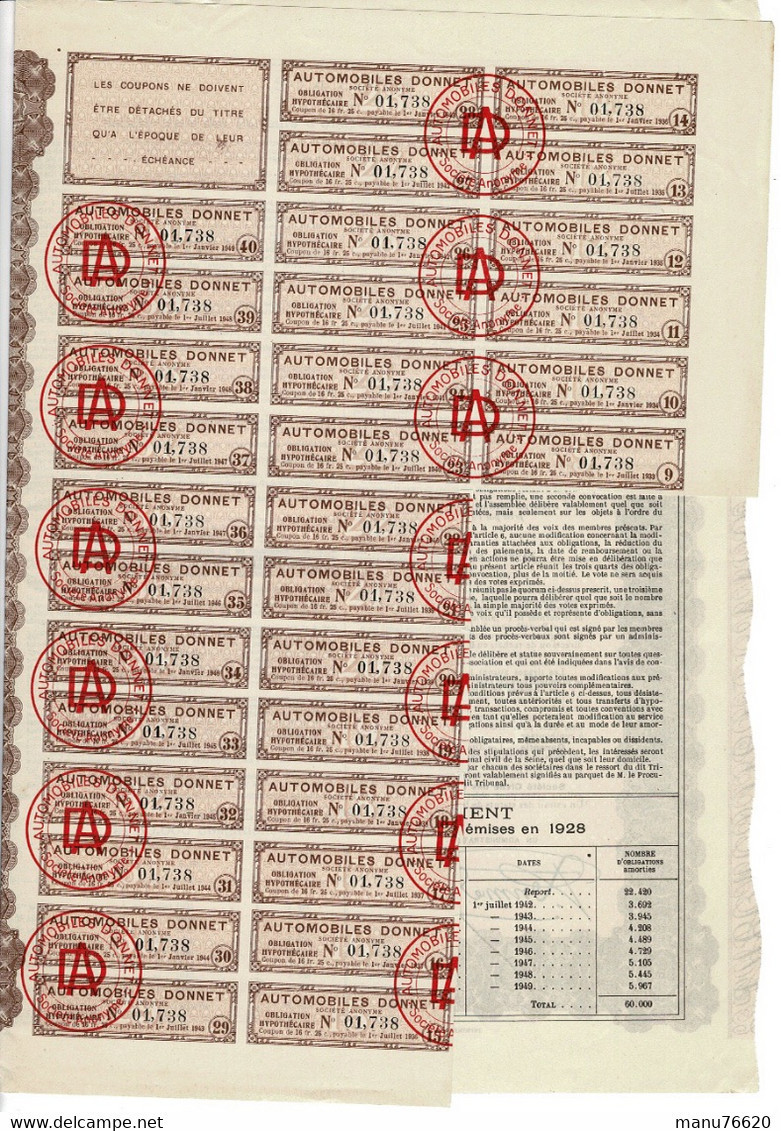 AUTOMOBILES DONNET Rare !!!  - Obligation Hypothécaire De Cinq Cents Francs N°01742 - A - C