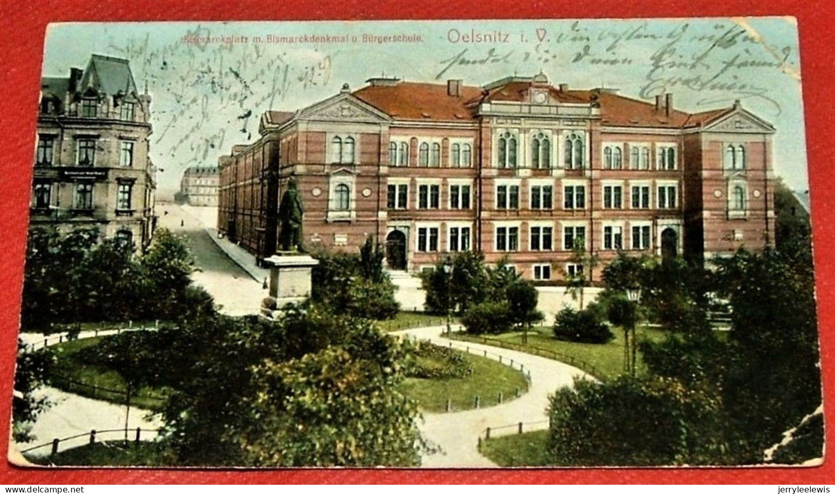 OELSNITZ  IM  VOGTLAND  - Bismarckplatz Mit Bismarckdenkmal Und Burgerschule  -  1913 - Oelsnitz I. Vogtl.