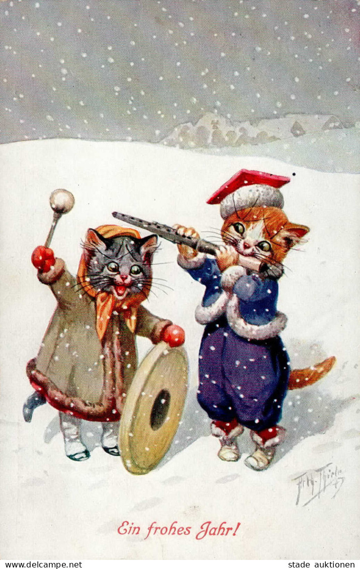 Thiele, Arthur Neujahr Katzen Vermenschlicht Musizierend Im Schnee 1913 I-II (Randstauchungen) Bonne Annee Chat - Thiele, Arthur