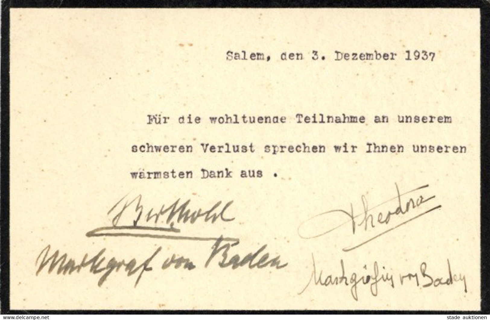 Adel Baden Trauer-Danksagungskarte 1937 Mit Original-Unterschriften Markgraf Berthold Und Markgräfin Theodora - History