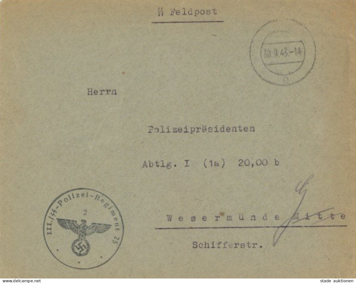 SS Feldpost WK II Waffen-SS III. SS-Polizeiregiment 25 Ab Miedzyrzec/Distr. Lublin Aptierter Stempel 1943 I-II - Weltkrieg 1939-45