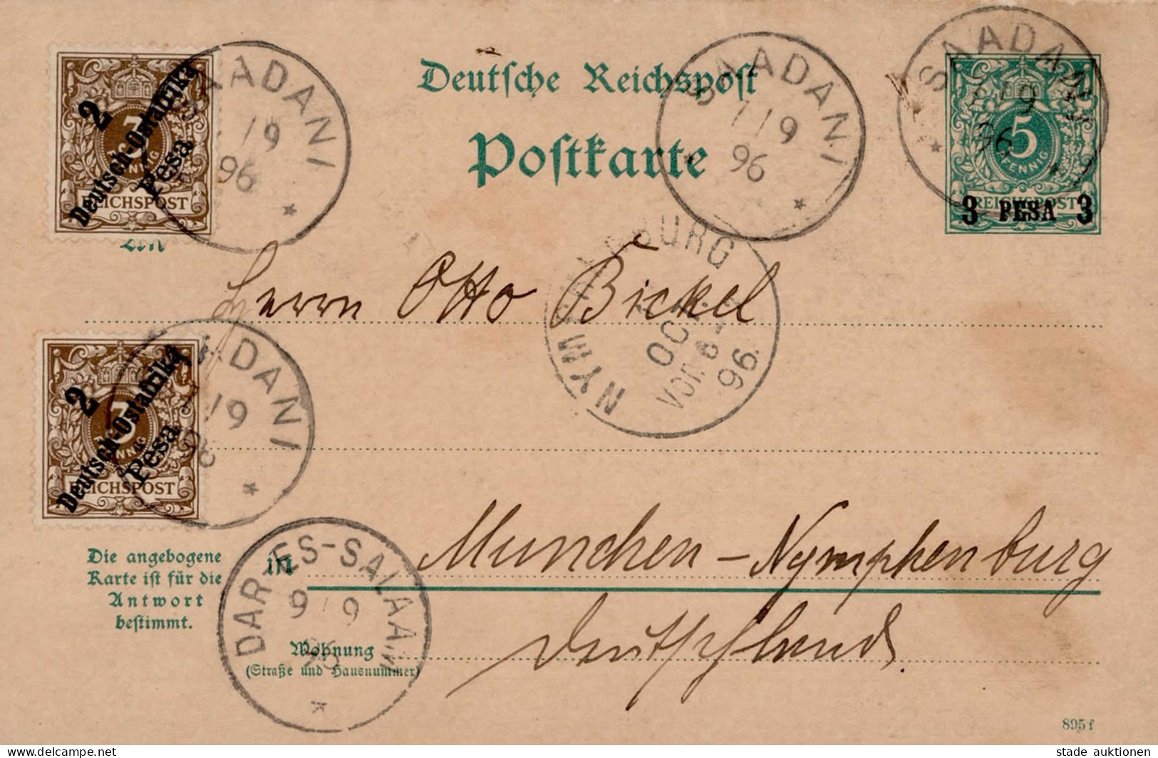 Kolonien Deutsch-Ostafrika Doppel-Ganzsache (kpl.) Mit ZuFr Von Saadani Nach München 1896 (Durchgangsstempel Dar-es-Sala - Geschichte