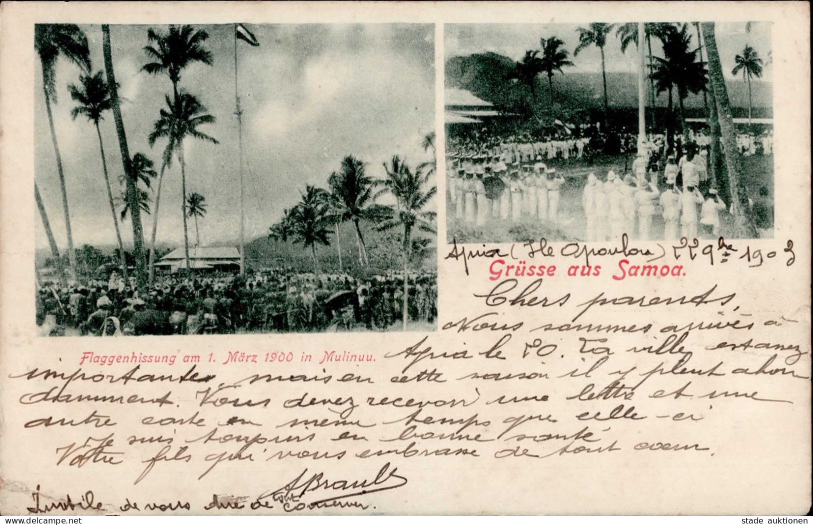 Kolonien Samoa Flaggenhissung In Malinuu Stempel Apia 23.01.1903 I-II (Eckbug) Colonies - Geschichte