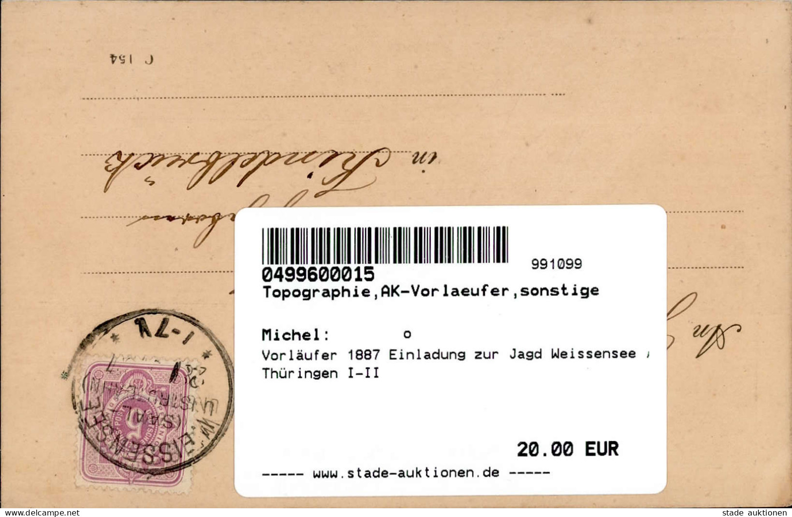 Vorläufer 1887 Einladung Zur Jagd Weissensee / Thüringen I-II Chasse - Sonstige & Ohne Zuordnung