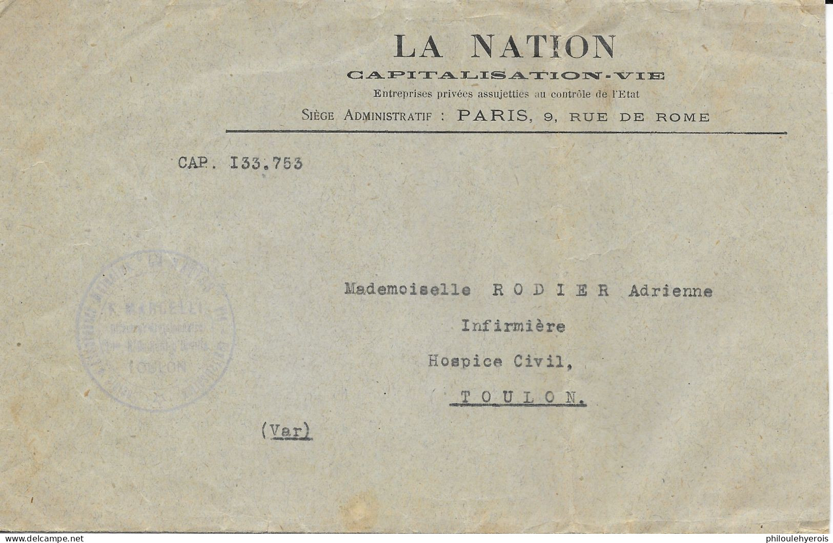 LA NATION Capitalisation . Vie  Récépissé Pour Toulon Hospice Civil 1921 - Banque & Assurance