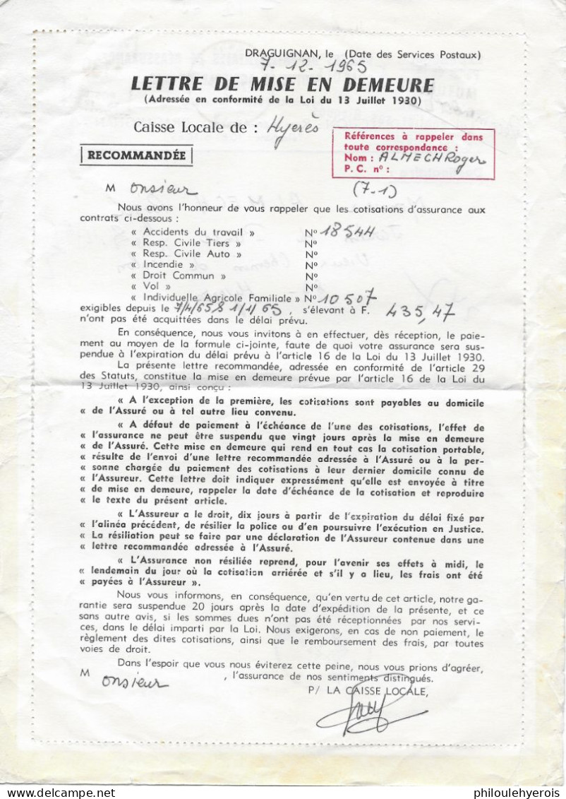 DRAGUIGNAN (83) Mutuelle Agricole 1965 Pour HYERES (83) Lettre Recommandée De Mise En Demeure - Bank En Verzekering