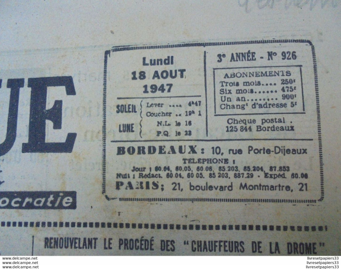 LA NOUVELLE REPUBLIQUE DE BORDEAUX ET DU SUD-OUEST 18 AOUT 1947 - General Issues