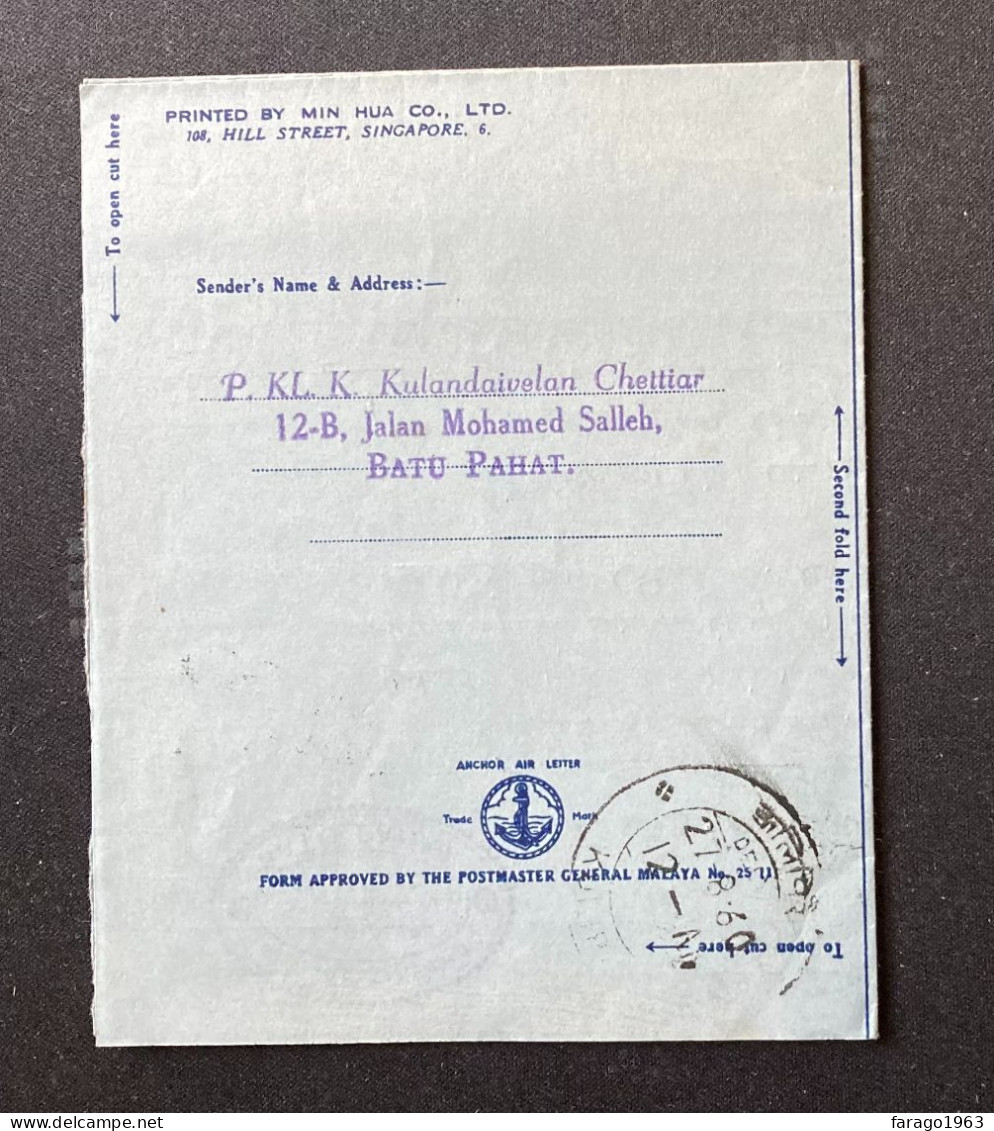 1960 Malaya Aerogramme Commercially Used BATU PAHAT To India - Federation Of Malaya