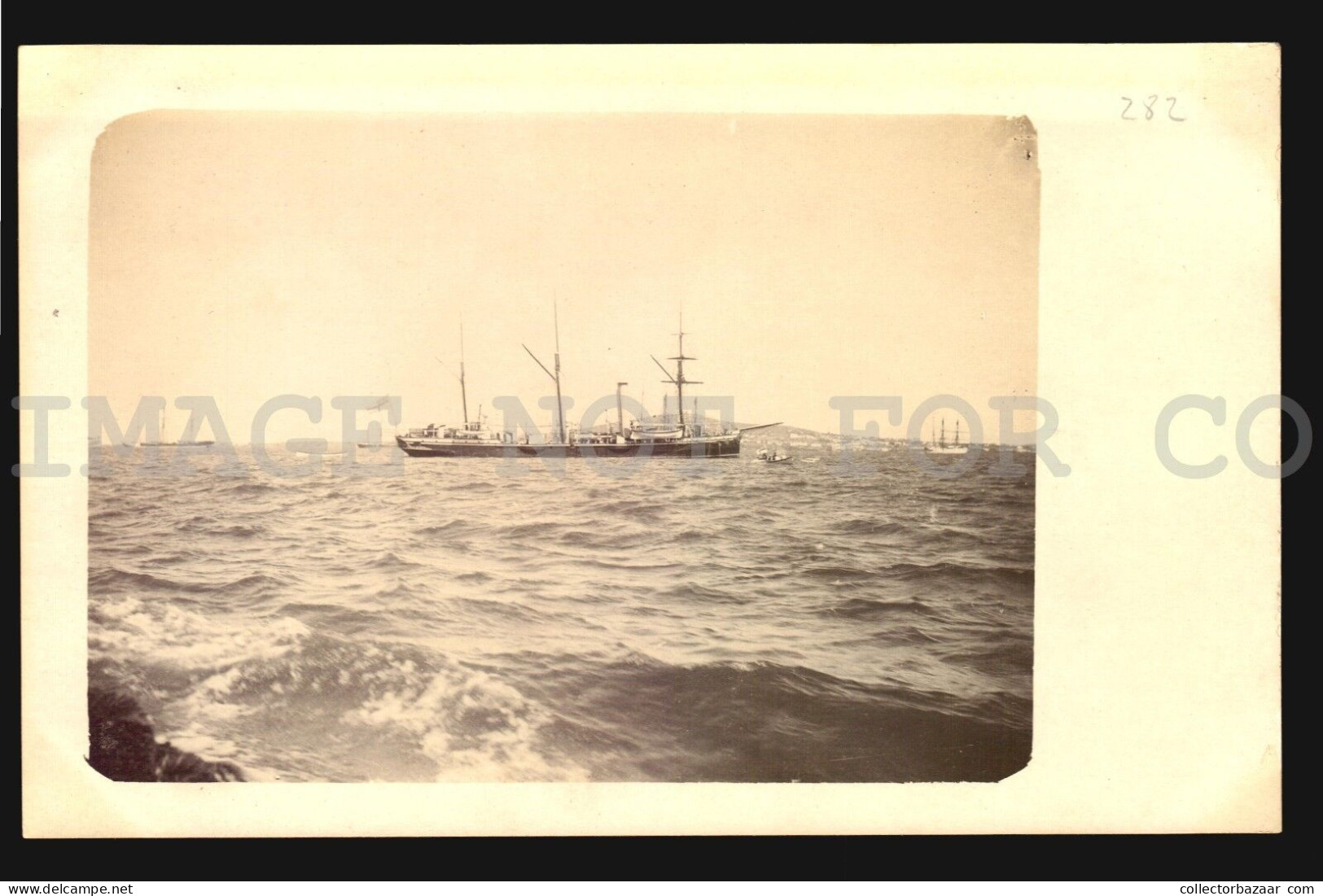 HMS UK GB 3 MAST Battleship Military Uruguay Port Real Photo RPPC Postcard C1902 - Collections & Lots