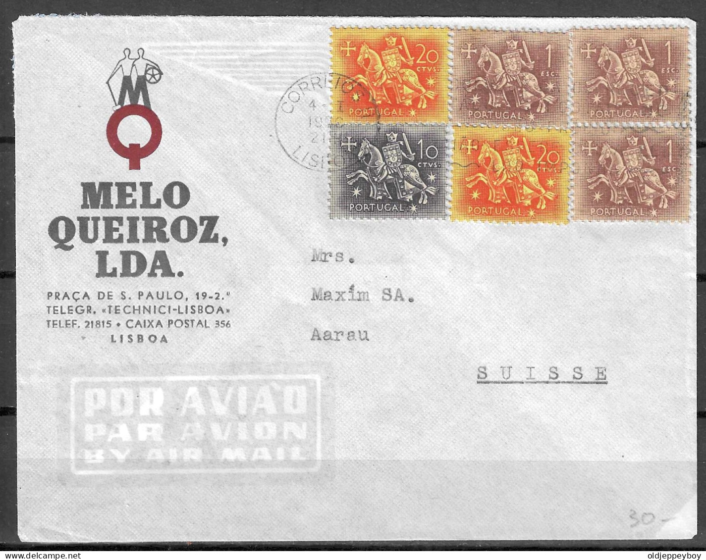 PUBLICITY 1953 PORTUGAL MELO QUEIROZ LDA  ENVELOPE COVER AIRMAIL TO AARAU  ZUERICH  SUISSA SUISSE SWITZERLAND  - Covers & Documents