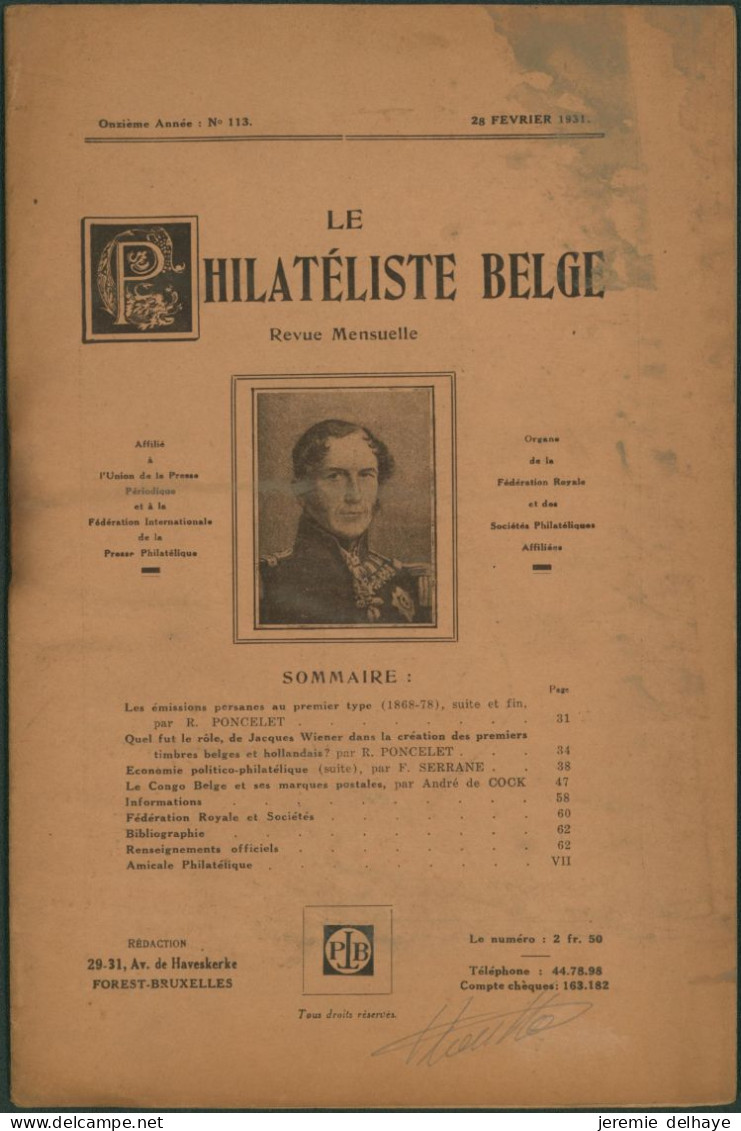 Belgique : Le Philatéliste Belge (Revue Mensuelle, N°113 1931). SOMMAIRE / Théodore Champion, Marchand De Timbres - Filatelia E Historia De Correos