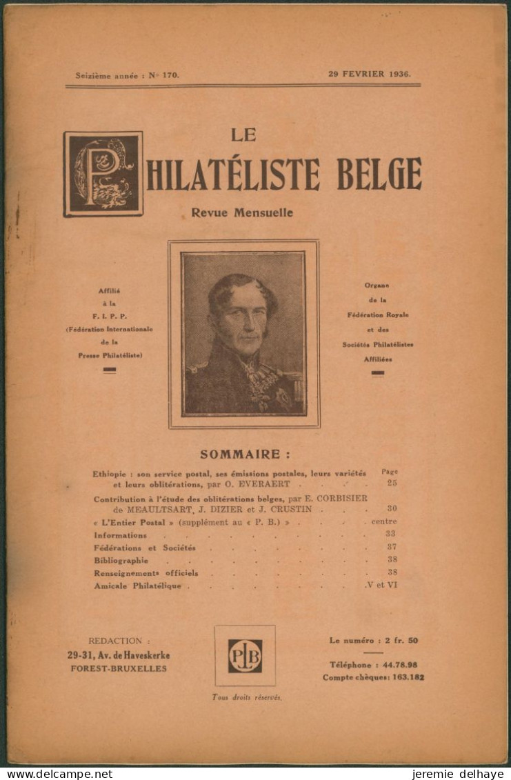 Belgique : Le Philatéliste Belge (Revue Mensuelle, N°170 1936). SOMMAIRE / Théodore Champion, Marchand De Timbres - Filatelia E Historia De Correos