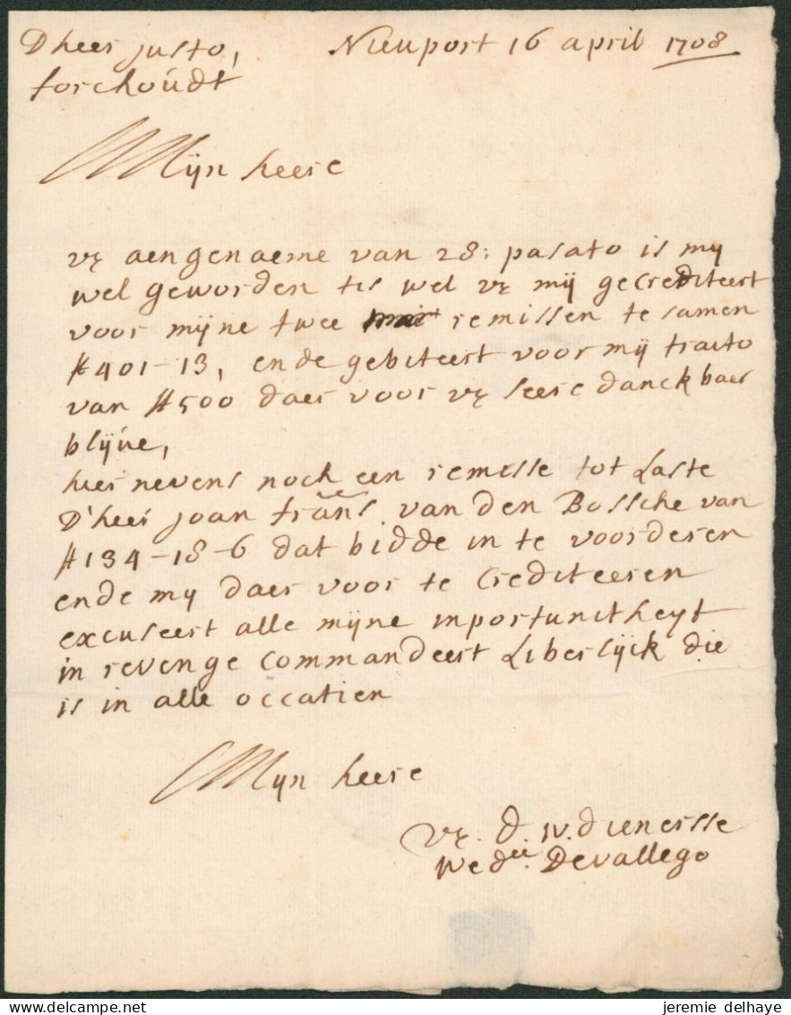 Précurseur - LAC Datée De Nieuwpoort (1708, Facteur, 1er Date Connue Manuel, Citto), Port "5" > Anvers - 1621-1713 (Pays-Bas Espagnols)