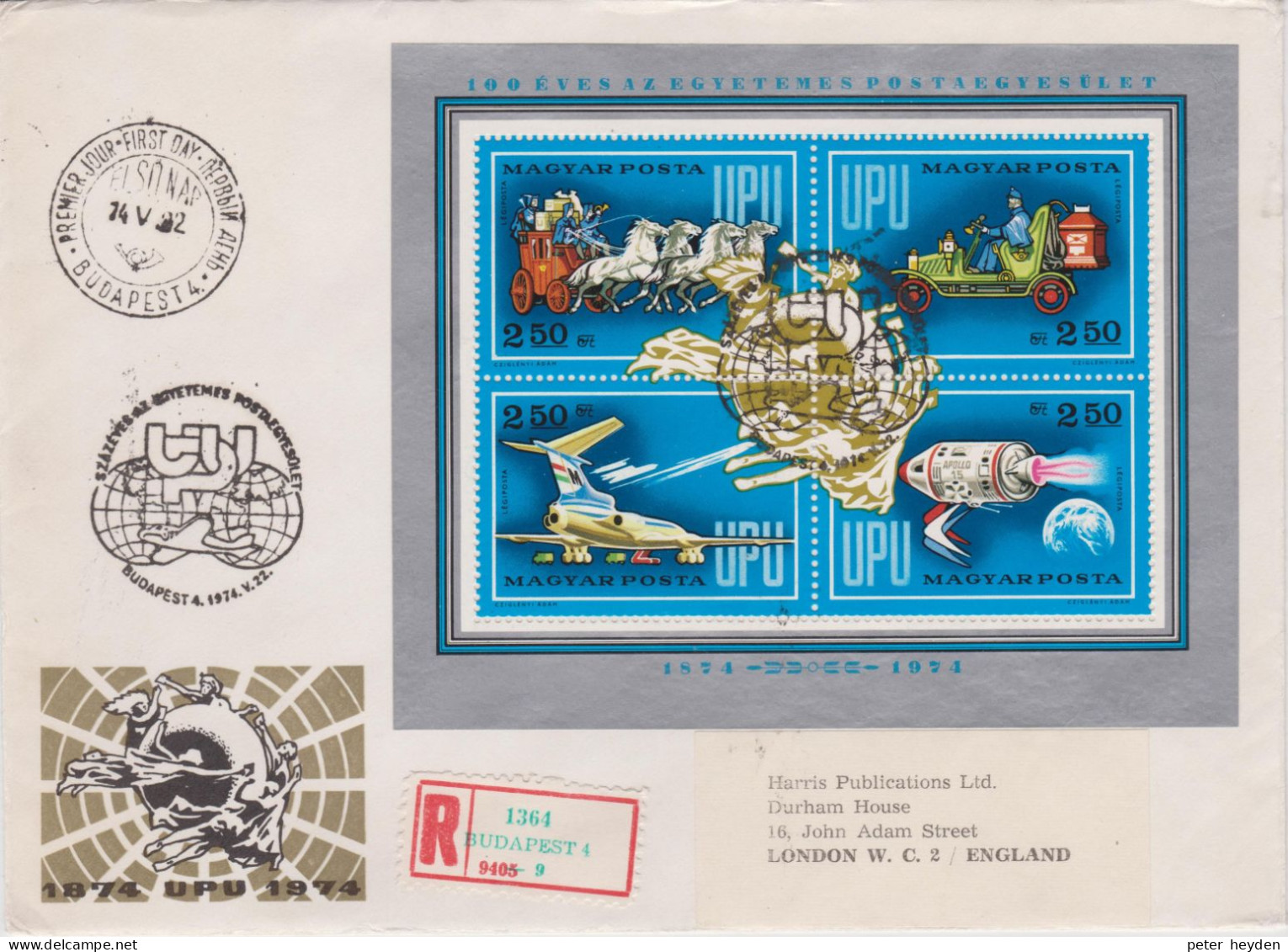 1974 Hungary Ungarn UPU Souvenir Sheet On Registered FDC To London ~ Coach, Antique Car, Plane, Space - Briefe U. Dokumente