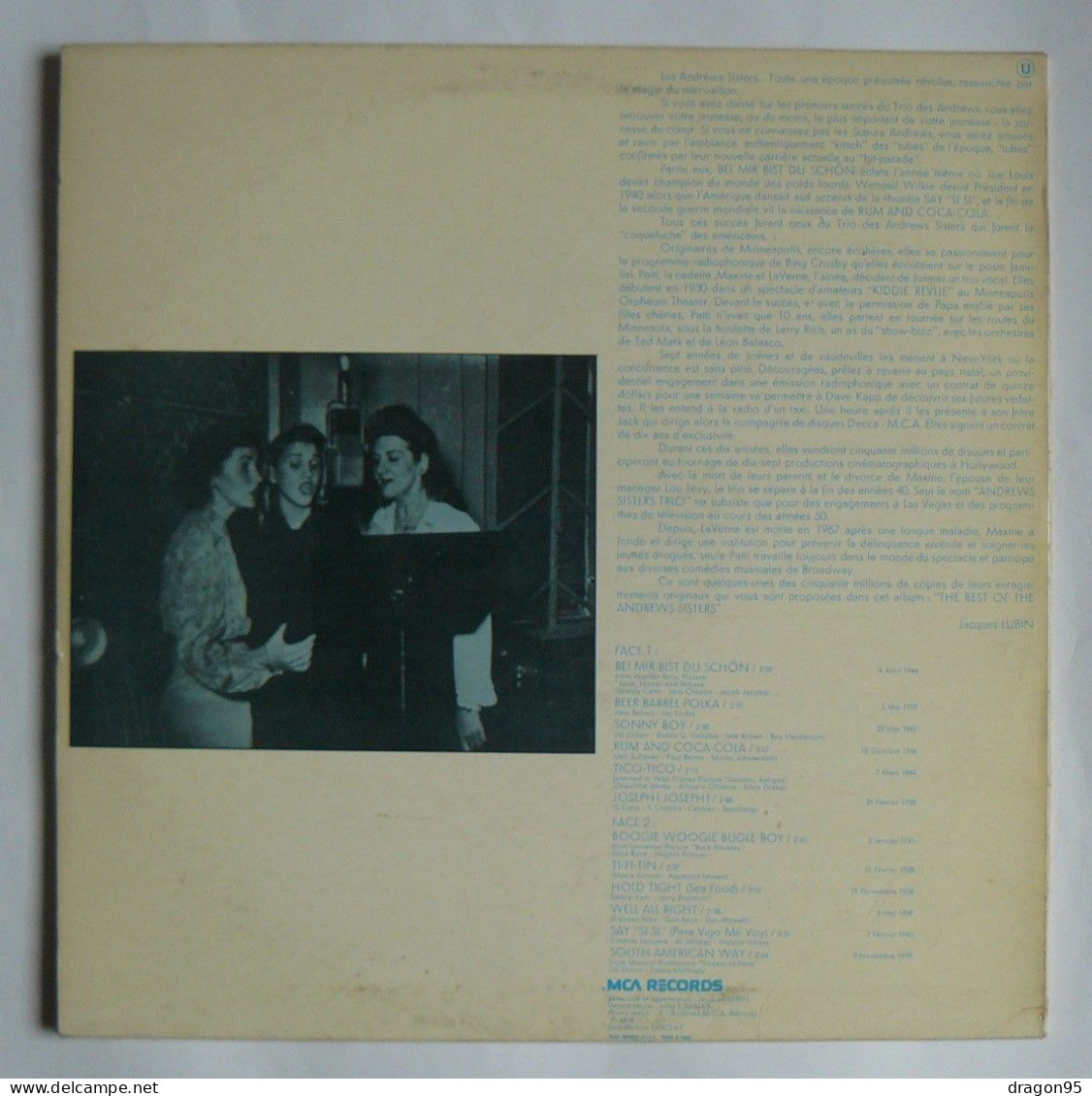 LP The ANDREWS SISTERS : Original Recordings 1938-1944 - MCA 410.011 Code U - France - 1974 - Jazz