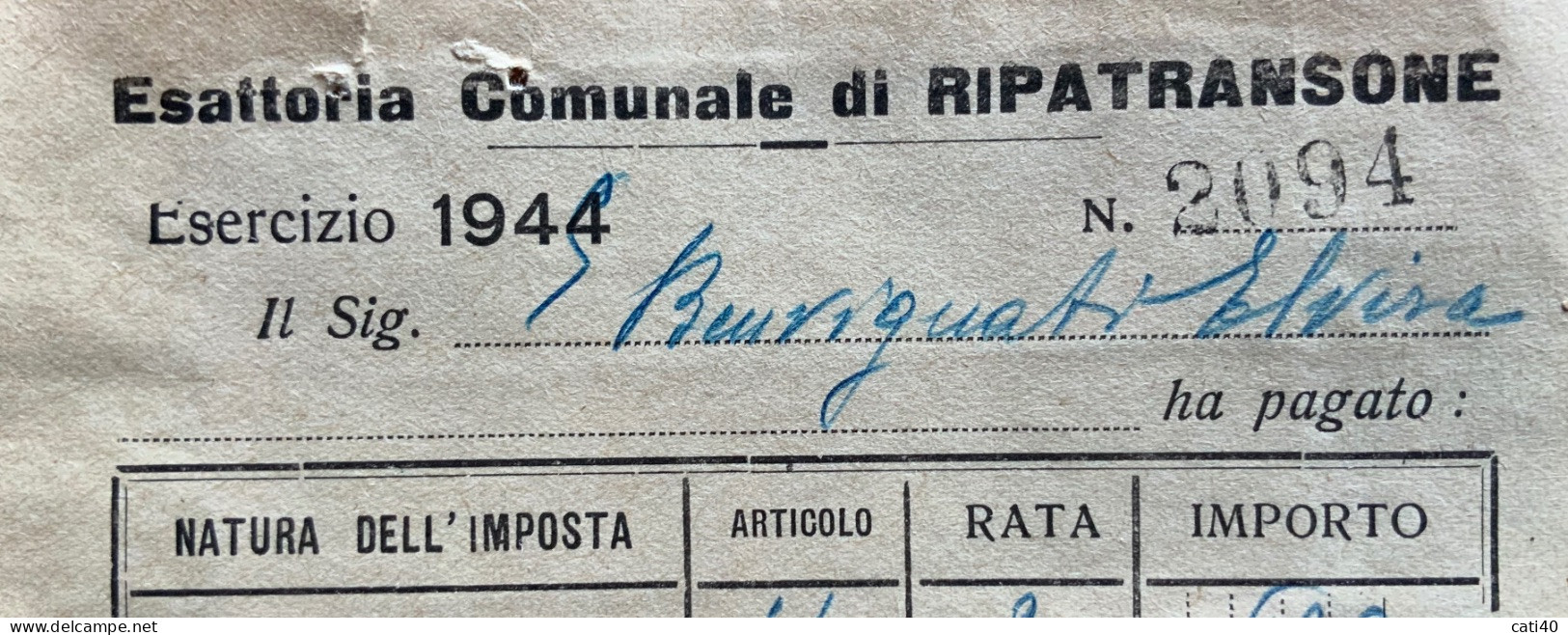 RIPATRANSONE  18/4/45 - RICEVUTA ESATTORIA COMUNALE CON MARCHE DA BOLLO IMPOSTA ENTRATA - Fiscaux