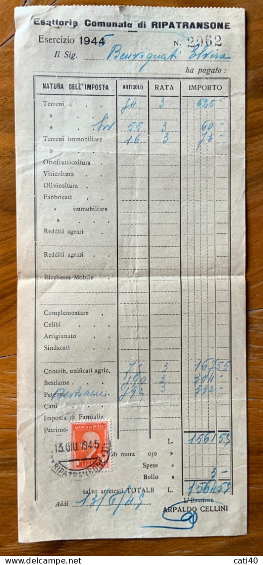 RIPATRANSONE - RICEVUTA DELL'ESATTORIA  CON  MARCA DA BOLLO  IN DATA 13 GIUGNO 1945 - Steuermarken