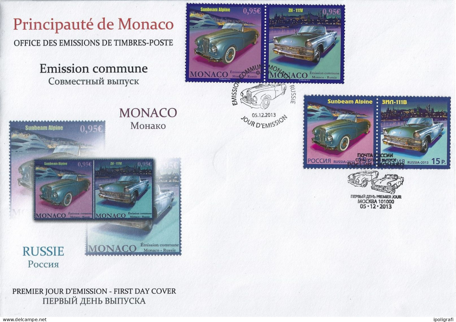 Monaco 2013  Auto, Emissiione  Congiunta Con La Russia, Fdc Doppia Con Annulli Speciali, Bella - Lettres & Documents