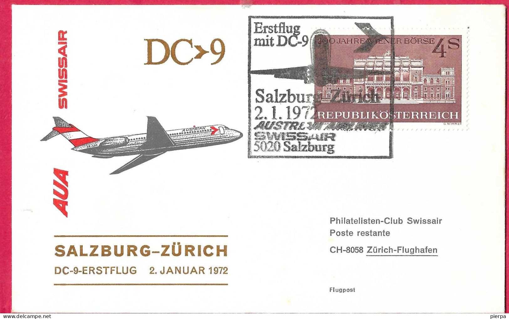 AUSTRIA - ERSTFLUG AUA/SWISSAIR MIT  DC-9 - FROM SALZBURG TO ZURICH *2.1.1972* ON OFFICIAL  COVER - Premiers Vols