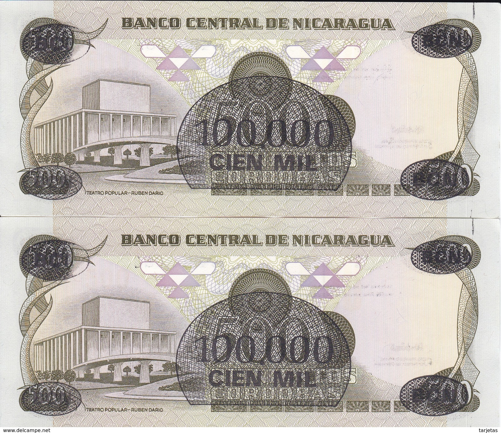 PAREJA CORRELATIVA DE NICARAGUA DE 100000 CORDOBAS DEL AÑO 1987 CON RESELLO (BANKNOTE) SIN CIRCULAR-UNCIRCULATED - Nicaragua