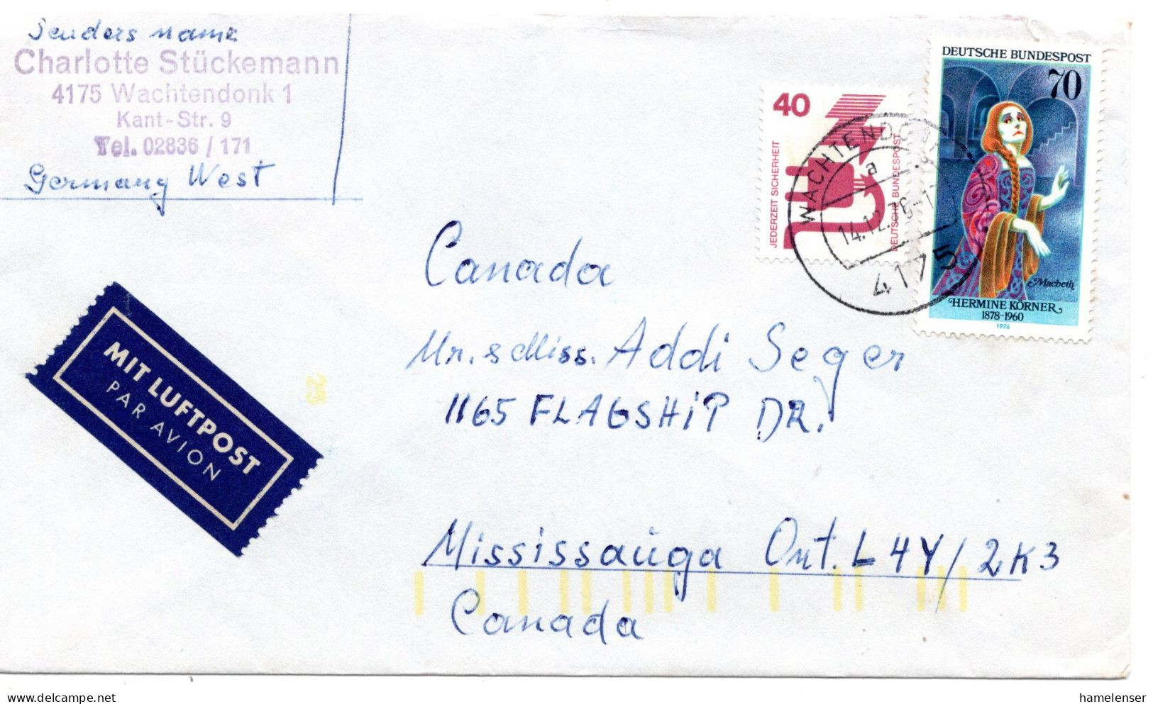 69474 - Bund - 1976 - 70Pfg Schauspielerinnen MiF A LpBf WACHTENDONK -> Mississauga, ON (Canada) - Lettres & Documents