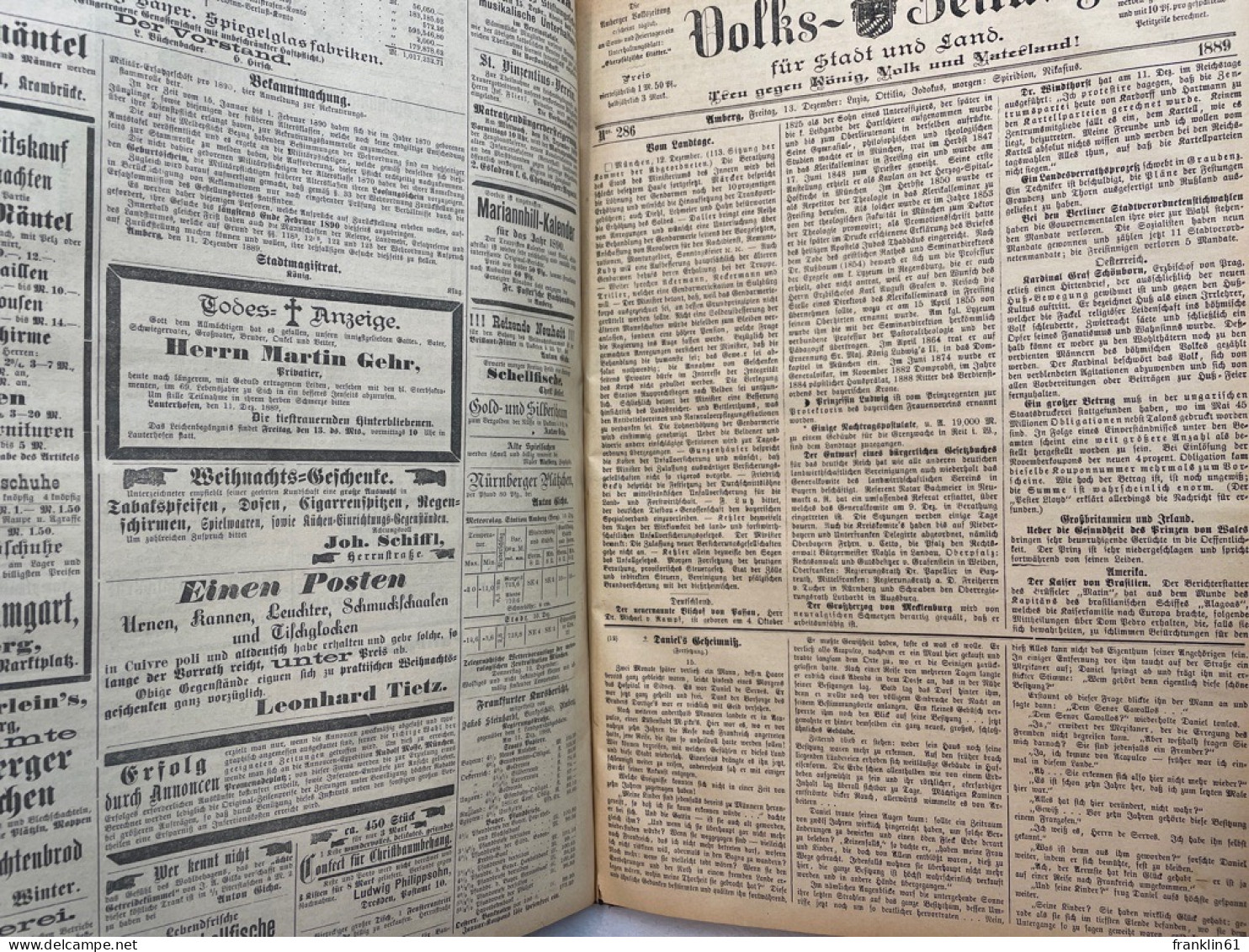 Amberger Volkszeitung. Für Stadt und Land. IV.Quartal 1889 KOMPLETT.