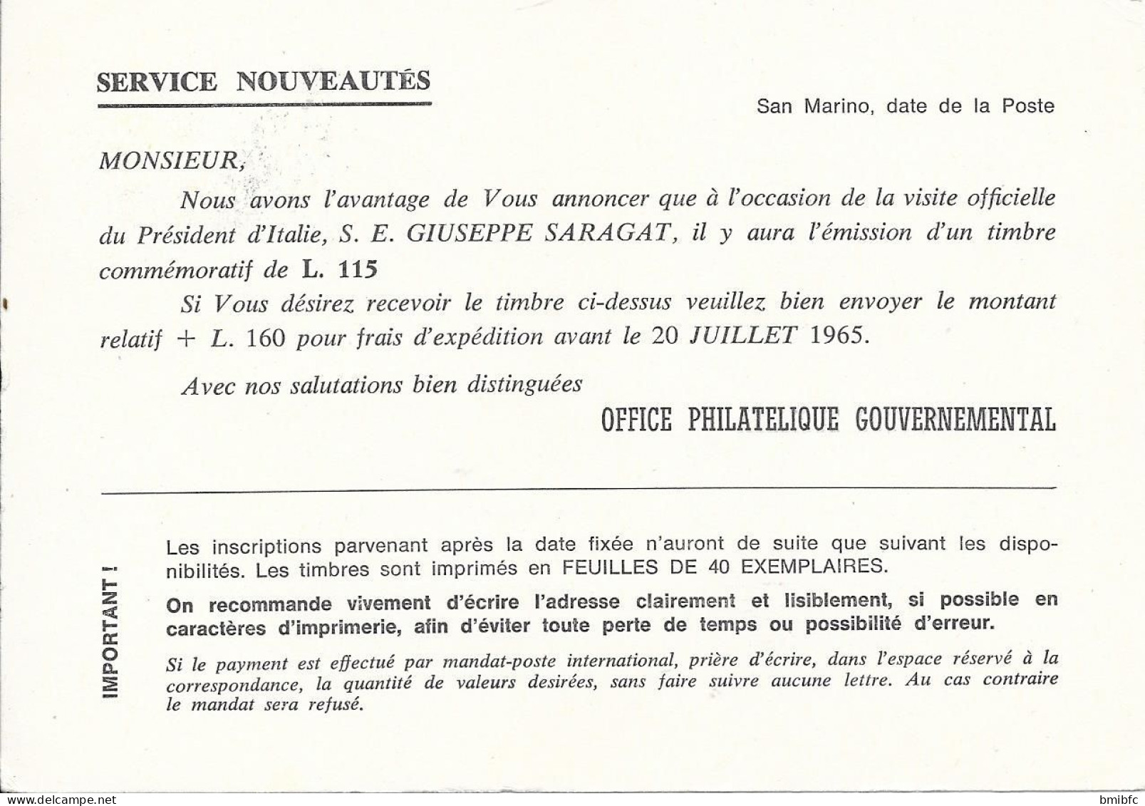 1965 - REPUBLICA DI SAN MARINO - UFFICIO FILATELICO GOVERNATIVO - (Timbre TOKYO 1964  J.O) - Lettres & Documents