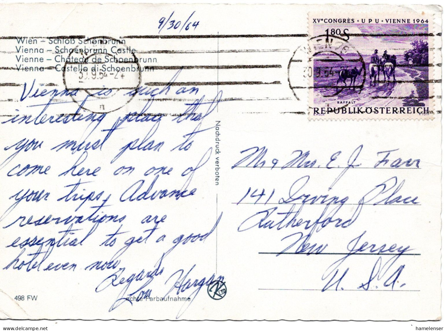 69512 - Österreich - 1964 - S1,80 UPU-Kongress EF A AnsKte WIEN -> Rutherford, NJ (USA) - Lettres & Documents