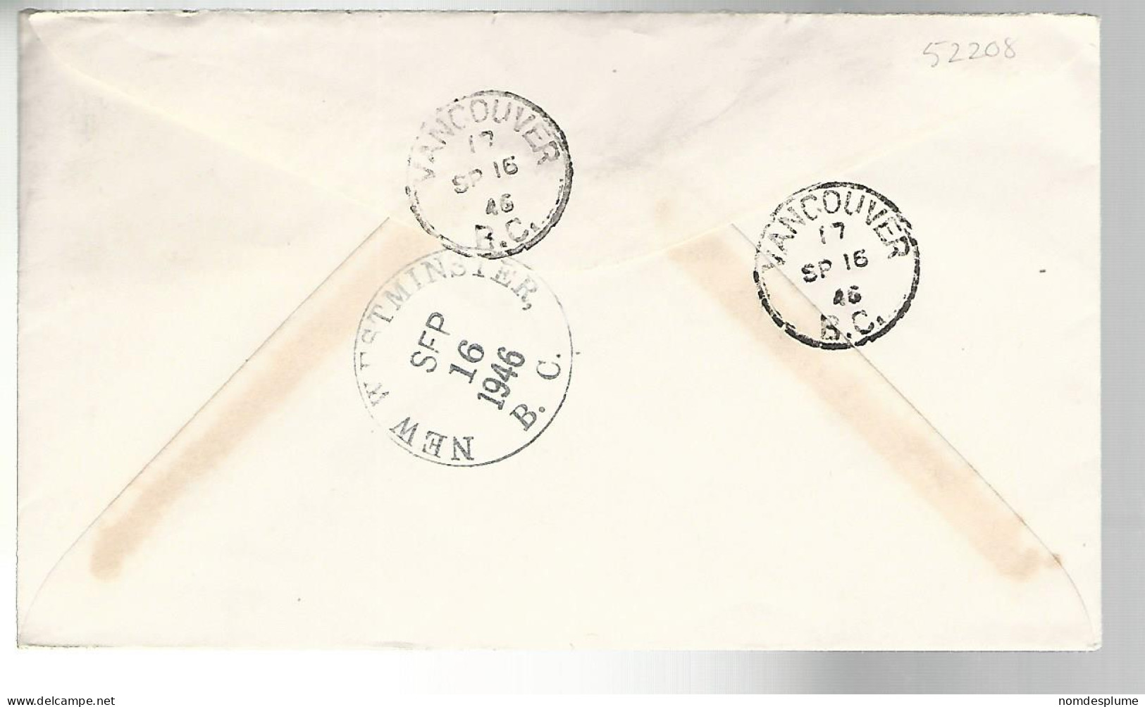 52208 ) Canada Registered Postmark 1946 Vancouver New Westminster - Recommandés
